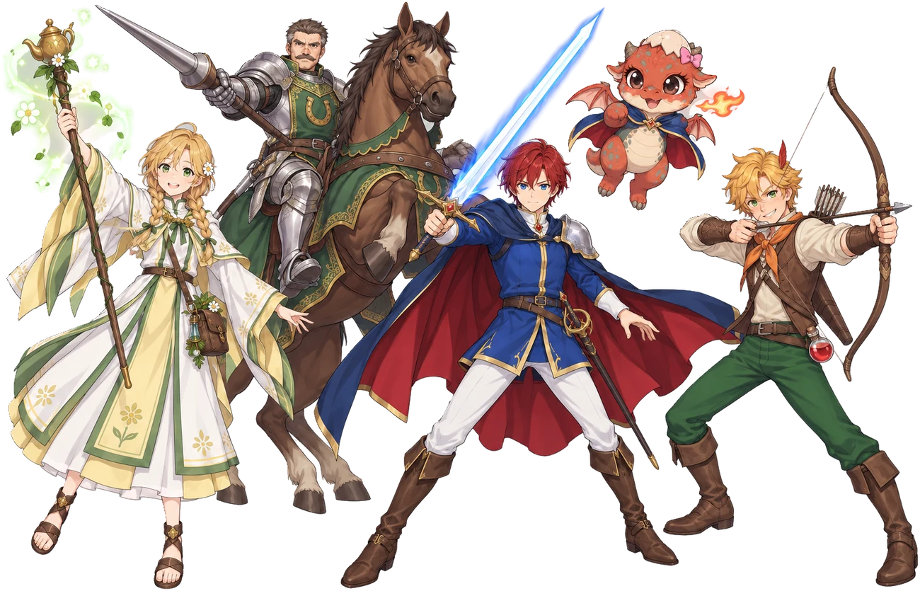 Les héros : Camomille, Micus, Léom, Bébertille et Bow